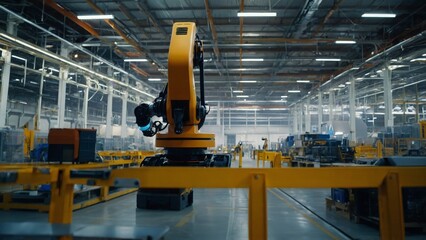 Robot arm innovative automation industry working in warehouse together