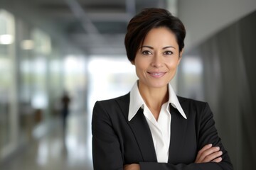 Middle aged asian short hair business woman smiling arms crossed adult smile architecture.