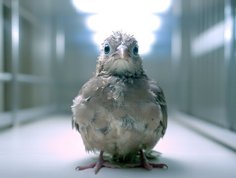 close up of sick bird showing visible symptoms of illness, with soft focus background. bird appears vulnerable and in need of care