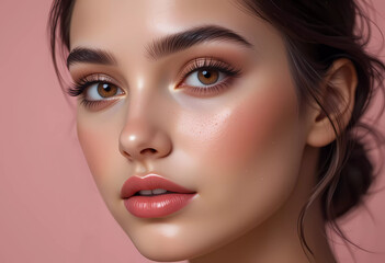 A woman with brown hair and brown eyes is wearing makeup. She has a gold earring and a gold necklace