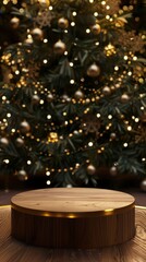 Elegant Wooden Platform with Christmas Tree and Soft Glowing Lights