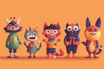 Fototapeta premium Colorful cartoon characters standing together against orange backdrop