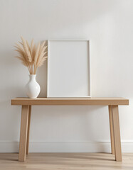 Mockup frame on rustic wood console with pampas grass and neutral tones