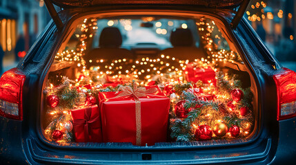 Car trunk packed with Christmas decorations in shopping bags, filled with festive items