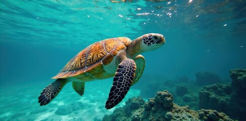 Fototapeta premium Sea turtle glides through crystal clear waters, aquatic animal, water, deep