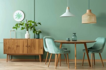 Dining table in room with sofa chair wood interior design.
