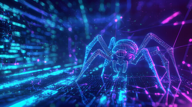 digital spider in neon lit environment, representing web scraping and technology. vibrant colors and futuristic design evoke sense of innovation and exploration