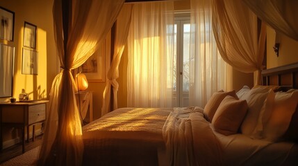 Fototapeta premium Golden Hour Bedroom: A Serene Morning Light