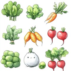 Watercolor illustration of various vegetables including spinach, carrots, radishes, brussels sprouts, and an onion.