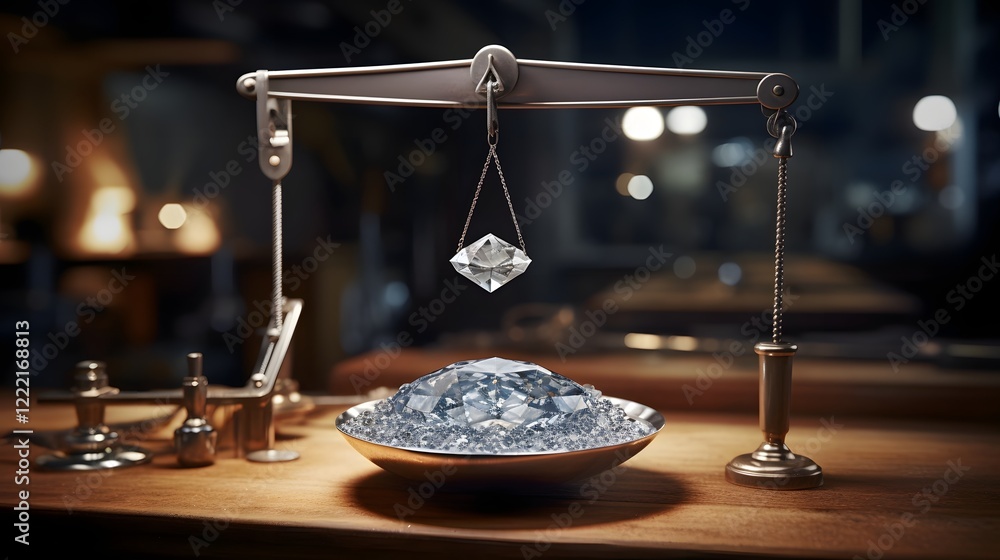 Aufkleber precisely measuring the value of a sparkling diamond resting on a delicate scale in a well equipped 