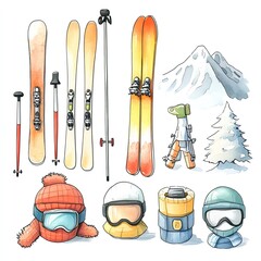 Watercolor illustration of winter sports equipment, including skis, poles, hats, and goggles.