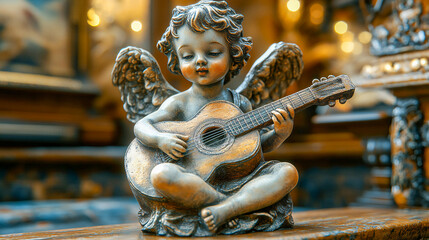Fototapeta premium Cherub Statue Playing Guitar - Vintage Home Decor