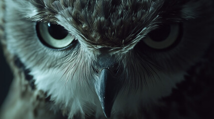 Close-up of sharp eyes of eagle owl with fine feather details, dark blurred background, Ai generated images