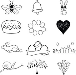 Line Happy Easter Holiday Icons Set. Vector Set of Modern Thin Outline Icons on white.