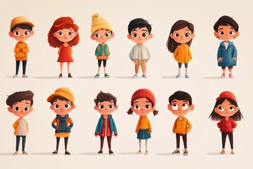 Group of Diverse Cartoon Characters in Colorful Casual Outfits
