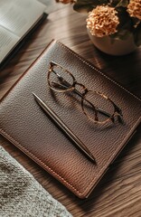 Fototapeta premium Leather notebook, pen, eyeglasses and coffee cup resting on wooden table