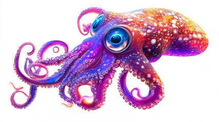 Obraz premium Reef Red Squid with Big Eyes Isolated On A White Background. Purple Ocean Cephalopod With Tentacles, Red Sea, Egypt. Cut Out.