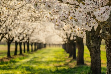 Row of blooming trees in sunny orchard