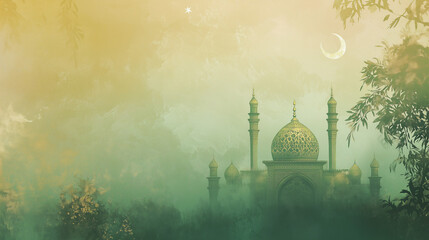 Eid al-Fitr banner with soft green and gold color gradation, in the middle there is a picture of ketupat decorated with Islamic patterns, background silhouette of a mosque, AI generated images