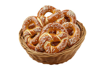 Basket of freshly baked soft pretzels with coarse salt in a wicker basket isolated on white or transparent, PNG