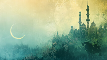 Eid al-Fitr banner with soft green and gold color gradation, in the middle there is a picture of ketupat decorated with Islamic patterns, background silhouette of a mosque, AI generated images