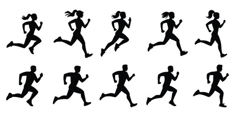 silhouettes of people running, male. female vector