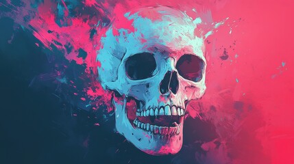 Abstract Skull Painting in Vibrant Pink and Blue Hues