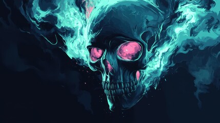A Teal Fire Envelops a Glowing Skull