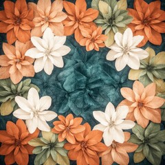 Obraz premium Retro Floral Pattern Orange Green White Paper Flowers Background