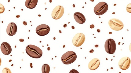 Coffee beans, light and dark, scattered pattern, on a white backdrop, great for food design background
