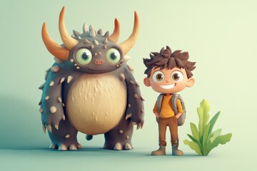 Boy and Friendly Monster Cartoon Character in Cute Environment