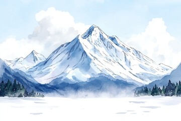 Watercolor painting of a snow-capped mountain range with a forest in the foreground.