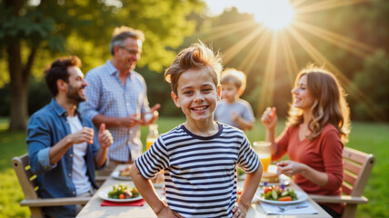 Fototapeta premium Young boy proudly showing off hairstyle at joyful backyard barbecue, family celebration