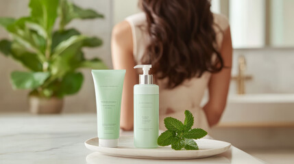 Cosmetic products in water splash with mint leaves. Vector realistic brand poster with shampoo and conditioner in blue tube for hair care. Promo banner, advertising background