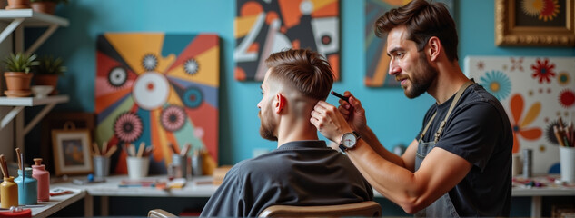 Artistic hairstyling in vibrant studio, creative expression