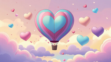 Naklejka premium Valentine background features a heart-shaped hot air balloon drifting among soft clouds, surrounded by floating hearts. The pastel colors set a sweet and romantic atmosphere.