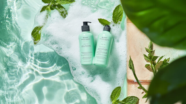 Cosmetic products in water splash with mint leaves. Vector realistic brand poster with shampoo and conditioner in blue tube for hair care. Promo banner, advertising background