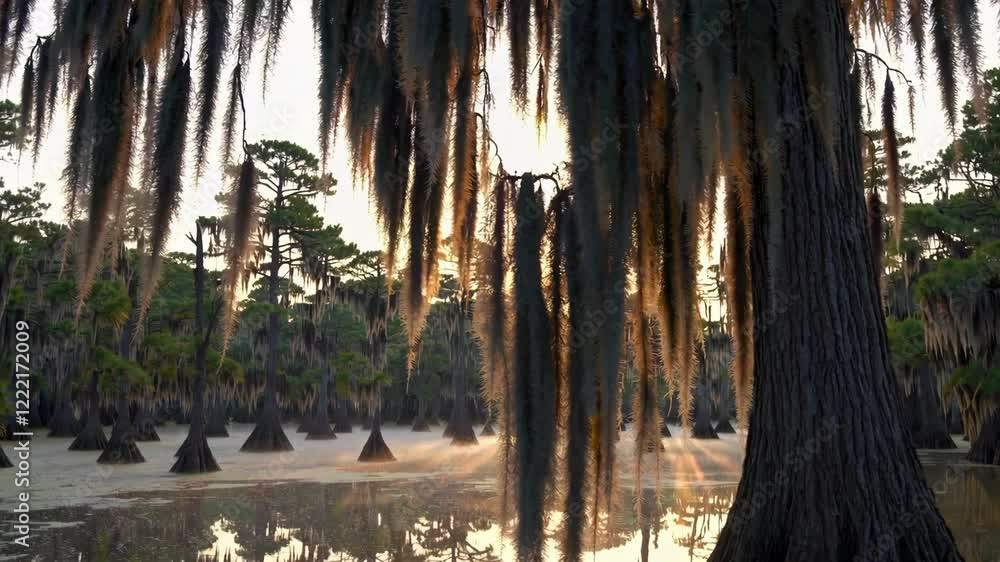 Poster a calm swamp at sunrise, with cypress trees draped in moss and mirrored reflections on the still wat
