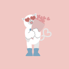 cute and lovely cat wearing heart sunglasses holding heart flower bouquet, happy valentine's day, love concept, flat vector illustration cartoon character costume design