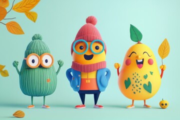Obraz premium Cute Colorful Cartoon Characters with Hats and Smiling Expressions