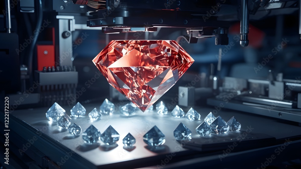 Poster a state of the art diamond processing machine operating in a high tech industrial workshop featuring