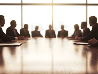 diverse group of professionals engaged in meeting around conference table, with bright background creating silhouette effect