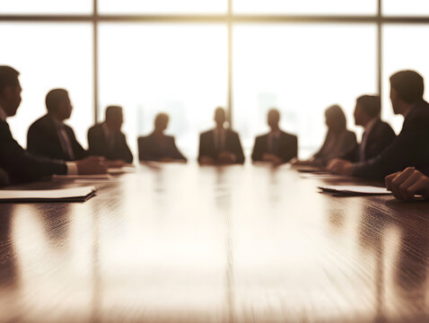 diverse group of professionals engaged in meeting around conference table, with bright background creating silhouette effect