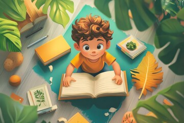 Child Reading a Book Surrounded by Greenery and Colorful Books