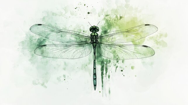Hand drawn watercolor illustration of green dragonfly isolated on white background. Beautiful insect watercolor drawing in trendy vintage style. Flying dragonfly with transparent wings