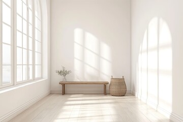 bright airy hallway with white walls light wooden flooring and single bench with woven basket underneath