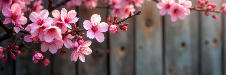 Fototapeta premium Pink cherry blossoms and their stems against a rustic wooden fence, pink cherry blossom, nature, blooming flower