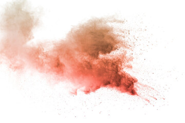 Brown powder dust cloud.Brown particles splattered on white background.