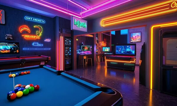Vibrant Neon Game Room Interior With Pool Table