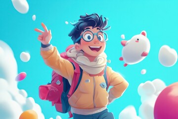Fototapeta premium Happy Cartoon Boy with Backpack in Vibrant Cloudy Background